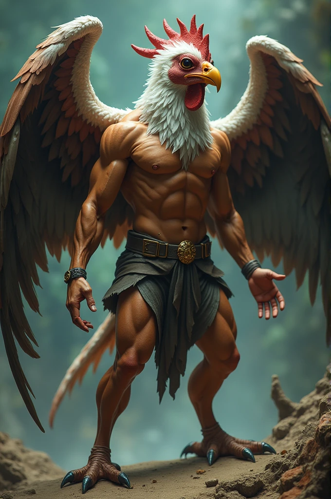 A tanned man with wings and chicken feet.