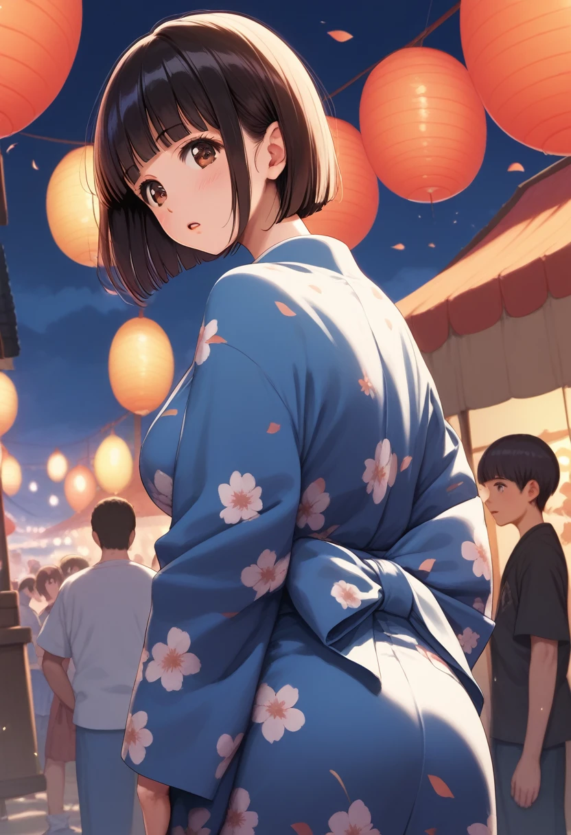 score_9,score_8_up,score_7_up,masterpiece,best quality, source anime, realistic, super detailed, extreme detailed, rating_safe,
1girl, standing, from behind, looking back, cowboy shot,
BREAK 22yo, short hair, bob cut, (blunt bangs), black hair, (tareme, detailed cute brown eyes), curled eyelashes, (large breasts:0.9),
shiny hair, beautiful detailed eyes, beautiful face,
yukata,
blush, serious, open mouth,
outdoors, Japanese summer festival, night,