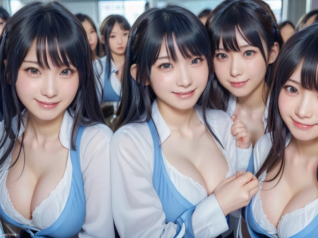 (((clone girls raw photo art))), (((Highest quality, Ultra-high resolution, Realistic, RAW Photos, 8k))), (((Real photograph: 1.5))), (((日本人high school girl, 16yo))) , ((Beautiful Face, cute)), (((smile: 1.85))), ((Beautiful skin of Japanese girls)), (((Black Hair, Semi-long hair))), (((Summer Girls' School Uniform))), (((White shirt, Blue check mini skirt))), (((Big Breasts, H-cup: 1.7))), Super Real, Soft Light, ((((((((Extremely detailed depiction, 一人のhigh school girl, clone girls)))))))), (((((6+girls: 1.99))))), (((((high school girl, Very detailed, perfect identical faces, Perfect identical height, Perfect matching outfit, Perfect matching hairstyle, Perfect same H-cup: 1.99))))), (((数百人のhigh school girl: 1.8))), (((high school girlのみ))), ((((数万人のhigh school girlに囲まれる)))), ((数千万人のhigh school girl)), ((数百億人のhigh school girlに取り囲まれる)), (((((crowded train, Extremely crowded))))), (((((super wide view))))), Embrace each other, hug, kiss, Lesbian, Chest to Chest, Touching the chest