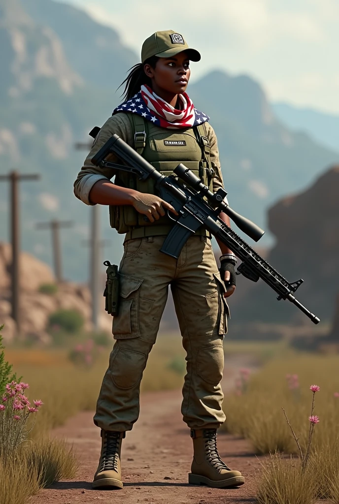 Far Cry 5, Grace Armstrong, African-American, military outfit, camo suit, eye black, US flag scarf, cap with scope stamp, smiling, view from profile, black stripes below eyes, wielding sniper rifle, gloves, combat boots 