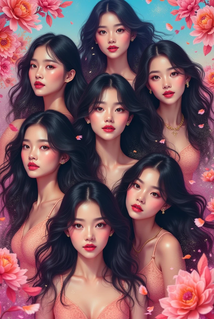 Colorful K-pop cover with 7 gorgeous girls with realistic black hair