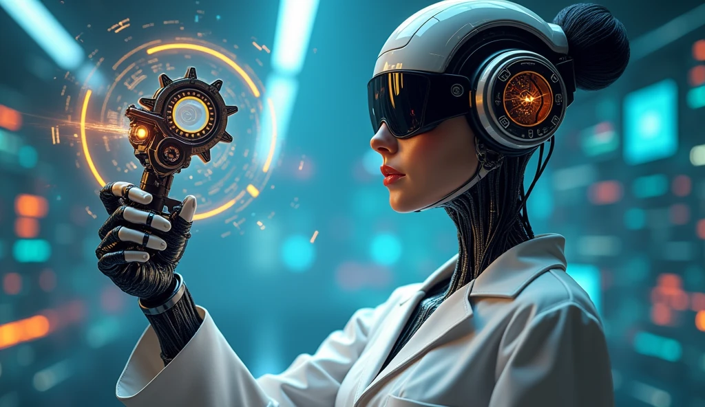 An image on the left side of a half-robot scientist, Representing AI, holding a futuristic multi-functional tool, with several visible functions (such as a magnifying glass, Balance, padlock, etc.)
Technology elements such as circuits and data floating around the central character.
Use of modern and contrasting colors to highlight the importance of messages, with a clean and futuristic aesthetic