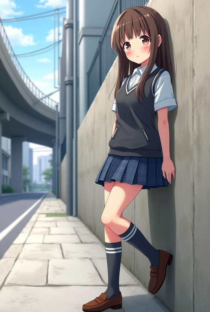 Generate a highly detailed, realistic anime-style image of a young Japanese schoolgirl standing in a casual pose. She has long, straight brown hair with bangs and is wearing a traditional school uniform consisting of a white button-up shirt, a dark grey sleeveless sweater vest, and a short, pleated blue plaid skirt. 

She is leaning against a rough-textured wall in an urban setting, with one leg raised and bent at the knee, resting against the wall, exposing a hint of her upper thigh. She is wearing thigh-high grey socks with white stripes at the top and brown leather loafers.

The background should depict a quiet, slightly blurred city street, with some urban elements like overpasses and buildings in the distance. The lighting is natural, highlighting her features and outfit, while casting soft shadows. The overall mood should be casual and slightly playful, with a focus on the character's confident yet relaxed expression.
