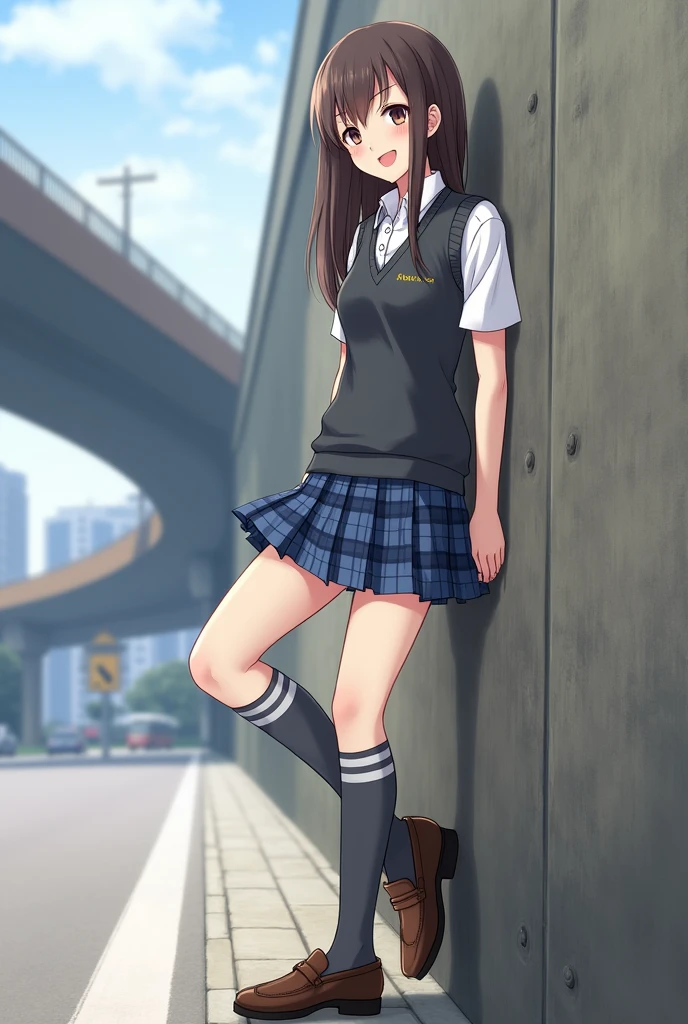 Generate a highly detailed, realistic anime-style image of a young Japanese schoolgirl standing in a casual pose. She has long, straight brown hair with bangs and is wearing a traditional school uniform consisting of a white button-up shirt, a dark grey sleeveless sweater vest, and a short, pleated blue plaid skirt.
She is leaning against a rough-textured wall in an urban setting, with one leg raised and bent at the knee, resting against the wall, exposing a hint of her upper thigh. She is wearing thigh-high grey socks with white stripes at the top and brown leather loafers.
The background should depict a quiet, slightly blurred city street, with some urban elements like overpasses and buildings in the distance. The lighting is natural, highlighting her features and outfit, while casting soft shadows. The overall mood should be casual and slightly playful, with a focus on the character's confident yet relaxed expression.