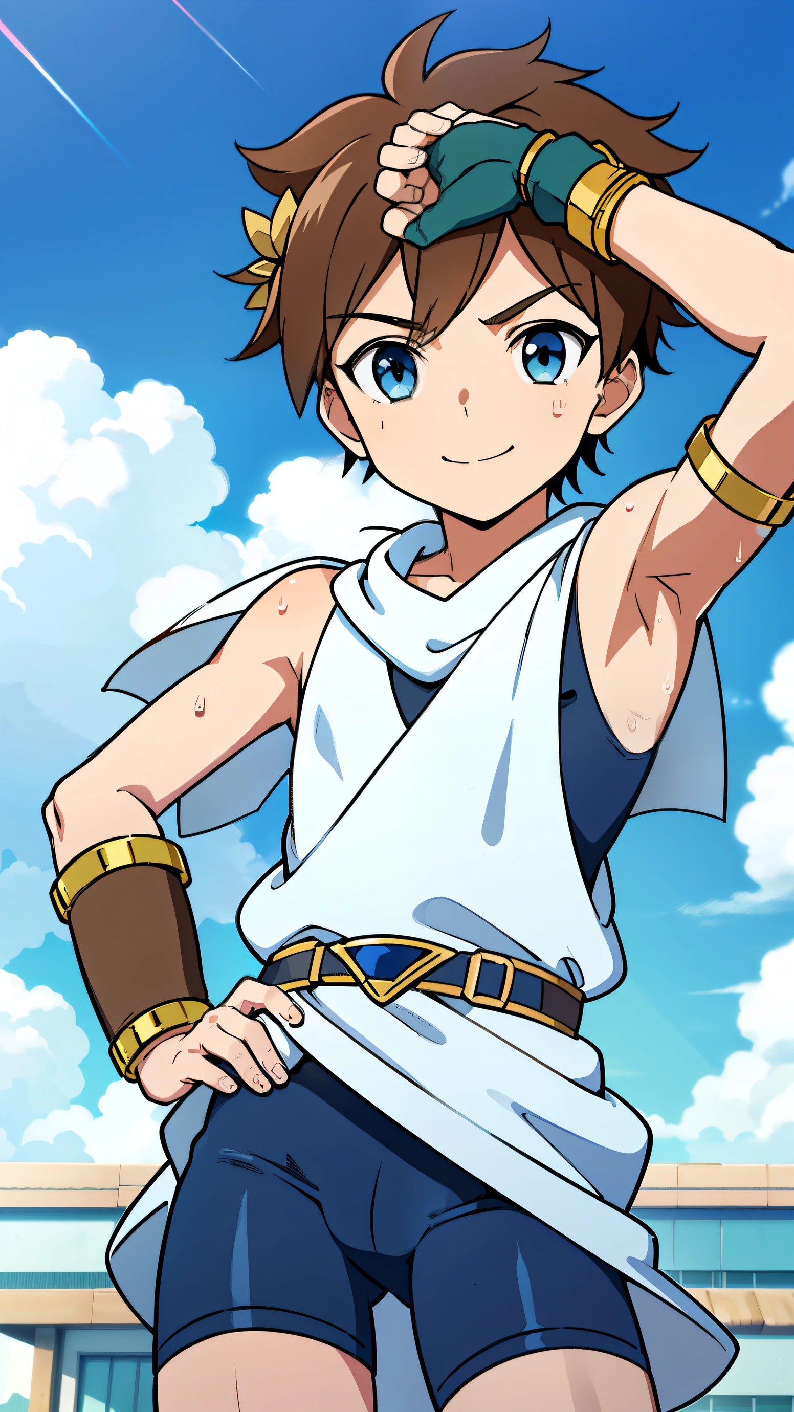 Highres, Masterpiece, Best quality at best,Best Quality,hight quality, hight detailed, Anime style, 1boy, Shota, young boy, kipit, smile, hand on hip, chiton, bike shorts, bracer, blue sky, clouds, Seen from the front, look at viewer,Simple beckground, (very young boy), (very small and short body), (Showing armpit:1.3), hansome boy, Uhd, bokeh, sweat