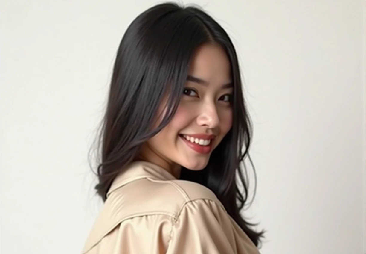 a detailed beautiful sexy evil asian witch with a big long nose, big inflated forehead, long straight black hair, eyebrows raised seductively, perfect teeth, big teeth, wearing beige satin button blouse, evil laugh, cinematic lighting, hyper realistic, 8k hd resolution, highly detailed, photorealistic, masterpiece, evil eyes