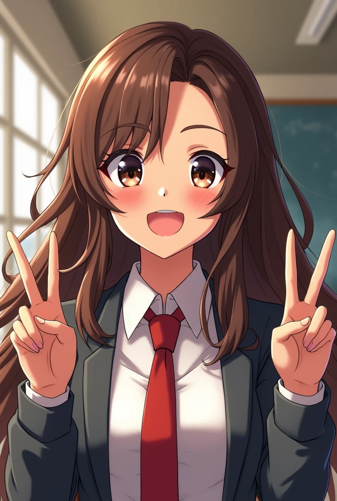 screenshot Boku no hero academia young latina woman. brown hair with        brown fringes brown with some light pink strands, large black eyes with black eyeliner under the eyes. He is smiling making peace sign, he wears red tie and gray jacket, classroom background