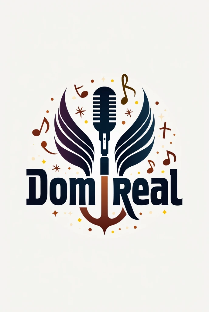 a logo for a worship ministry called "Dom Real" with musical notes, instruments and microphones, with a more modern style