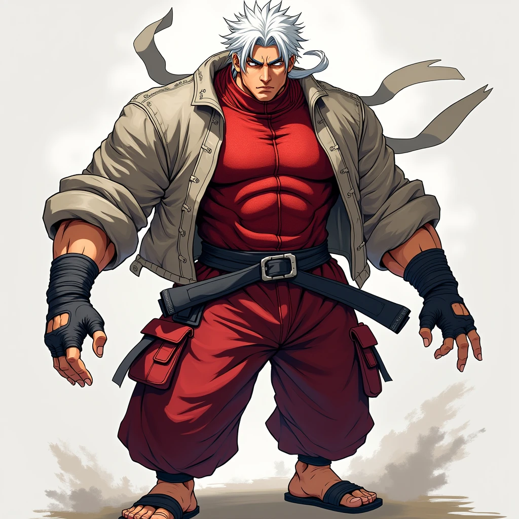a dynamic illustration of Munashi Kurotani, a young yet physically imposing -yeld chcter standing at 203 cm with a muscular build. He has pure white hair and eyes. Munashi is dressed in a tight-fitting, deep red shirt made from special mesh fabric with a high collar and no sleeves, paired with matching red, slightly loose combat pants. He wears dark-colored ninja sandals. Over his shirt, he dons a rugged combat jacket. His right arm features a bandaged hands, while both legs have hip-pouches with additional bandages wrapped around them. Capture him in a reflective or intense training pose, emphasizing his immense physical strength. The overall mood should convey his formidable presence.