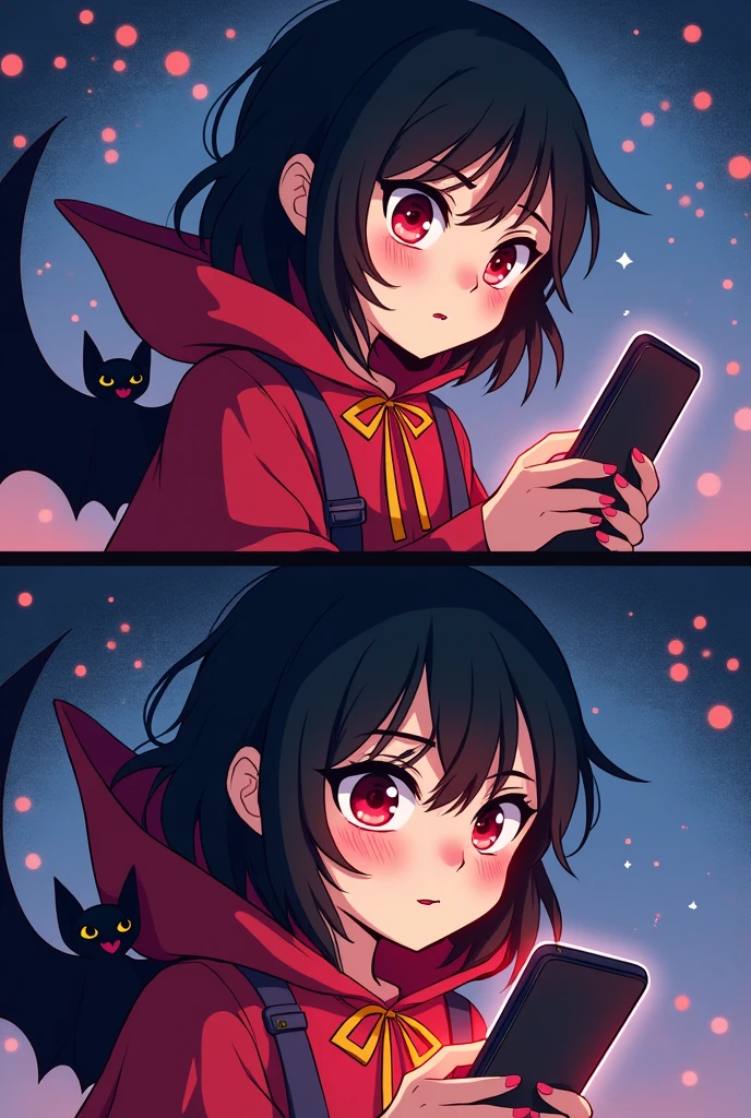 (masterpiece, best quality:1.2)\, comic, 2 panels, (2comic panels, dot halftone, flat color)\, 1girl black hair, red eyes, vampire girl, wearing red cloak, bat as a pet, scrolling on smart phone\, (saying "What is hentai?" with curious face, saying "O-Oh..." with a flushed face)