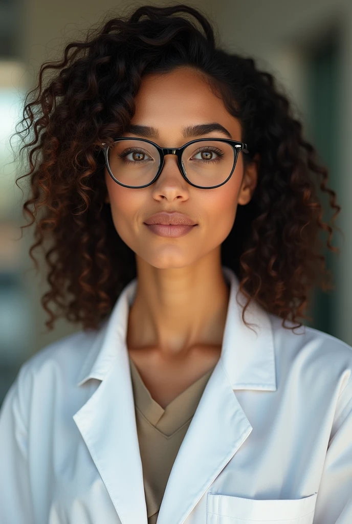 30 year old woman,fair brown-skinned, very curly hair ,up to the shoulder,dark brown eyes,oval round face ,dressed in a white specialist's coat and glasses
