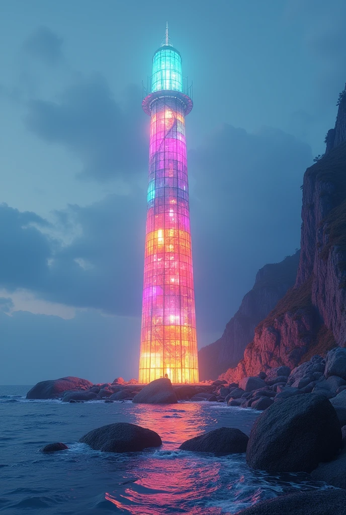 Tongxin Lighthouse is on the other side of the mountain and the sea. There is a colorful tower.，Ambilight，Like a colorful dream，The entire tower is translucent
