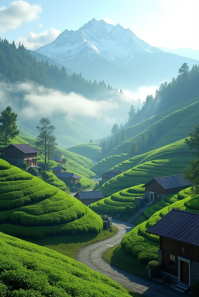 "Create a 3D image of Darjeeling, a picturesque hill station in India. The scene should include the iconic view of the rolling hills covered in lush green tea plantations, with layers of mist floating over the landscape. In the background, depict the majestic Kanchenjunga mountain range with its snow-capped peaks visible in the early morning light. Include a few traditional houses with sloping roofs, nestled among the hills, and winding narrow roads that meander through the terrain. The image should capture the serene beauty and vibrant greenery that Darjeeling is famous for."