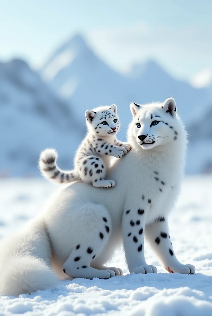 Baby Snow leopard climbing Arctic Fox mom