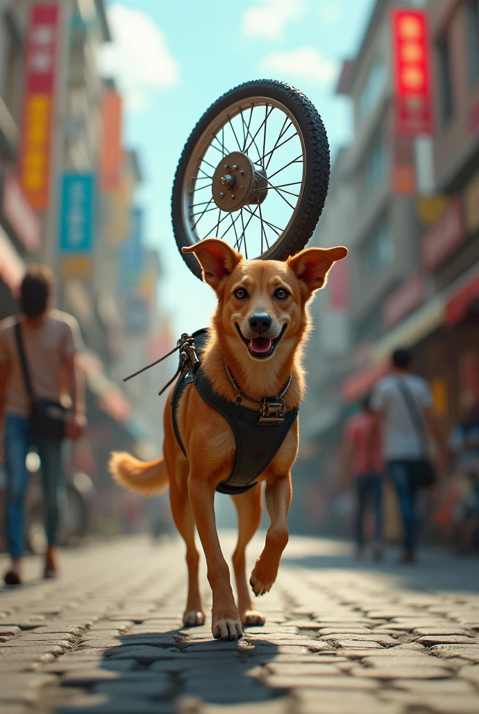 A caramel-colored street dog with a motorcycle Honda 180 wheel on top of it in a bustling city