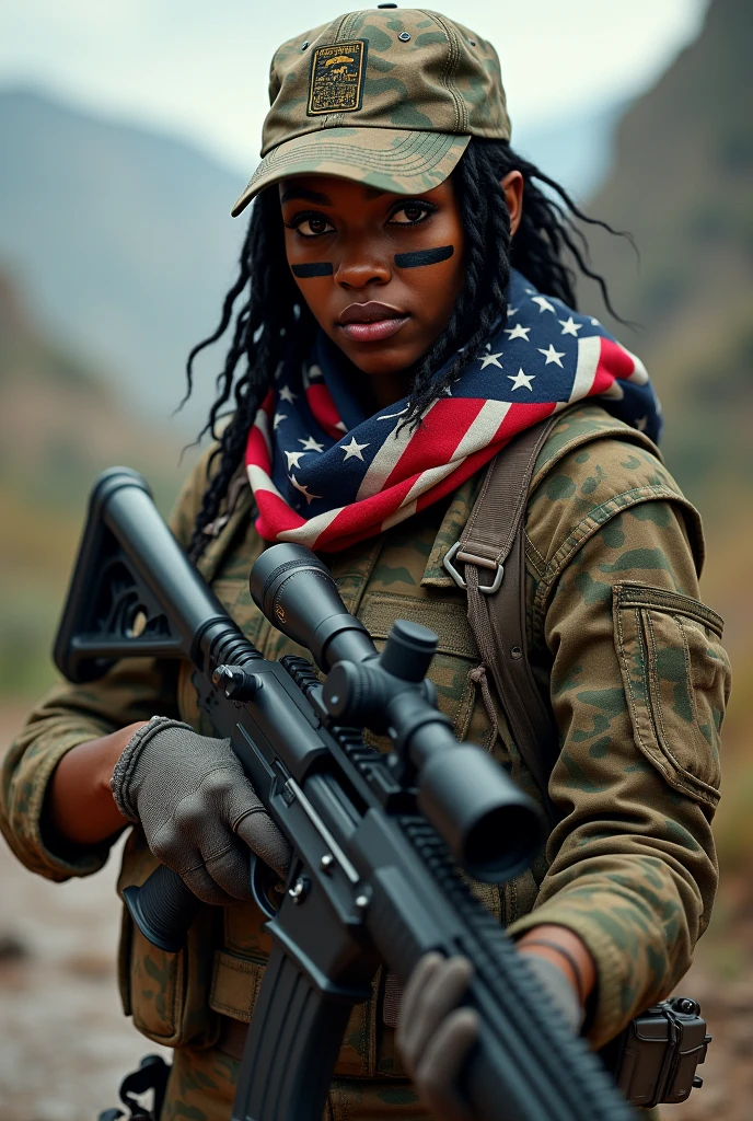 Far Cry 5, Grace Armstrong, African-American, camo suit, eye black, US flag scarf, cap with scope stamp, smiling, view from profile, black stripes below eyes, wielding sniper rifle, gloves, combat boots