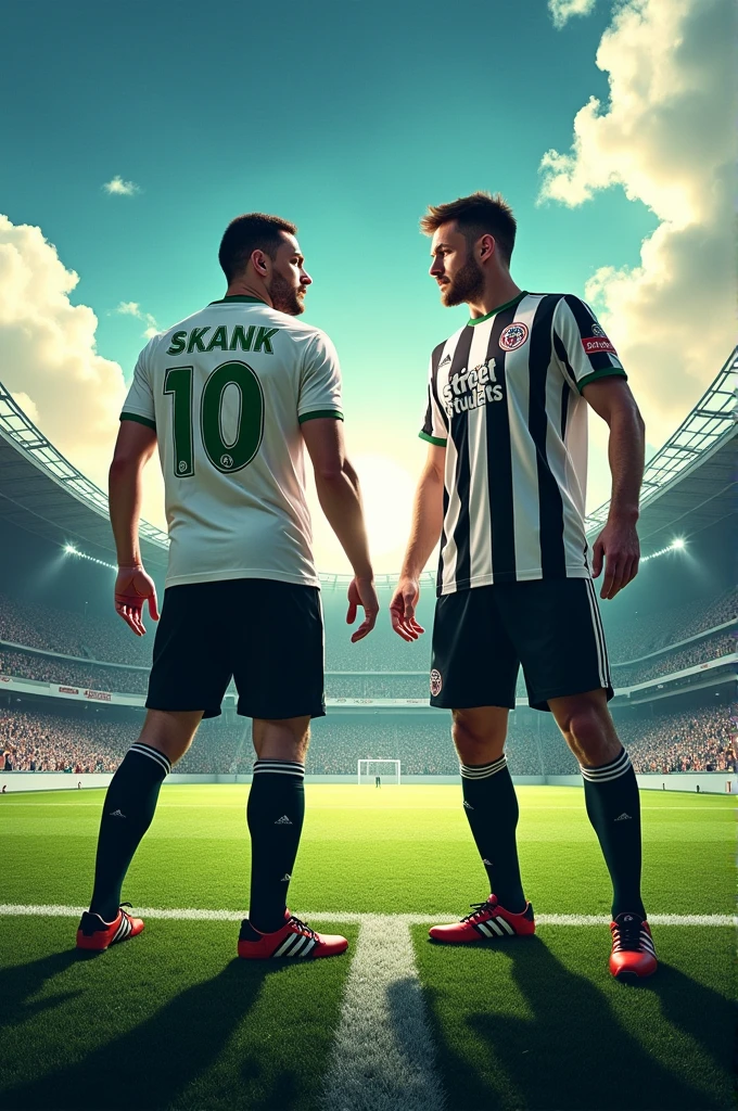 make a sports flyer with two coastal players, both wearing the number 10 shirt and writing SKANK on one's shirt and street students on the other, SKANK with a green shirt and the street students in black and white, and a football stadium from very beautiful background