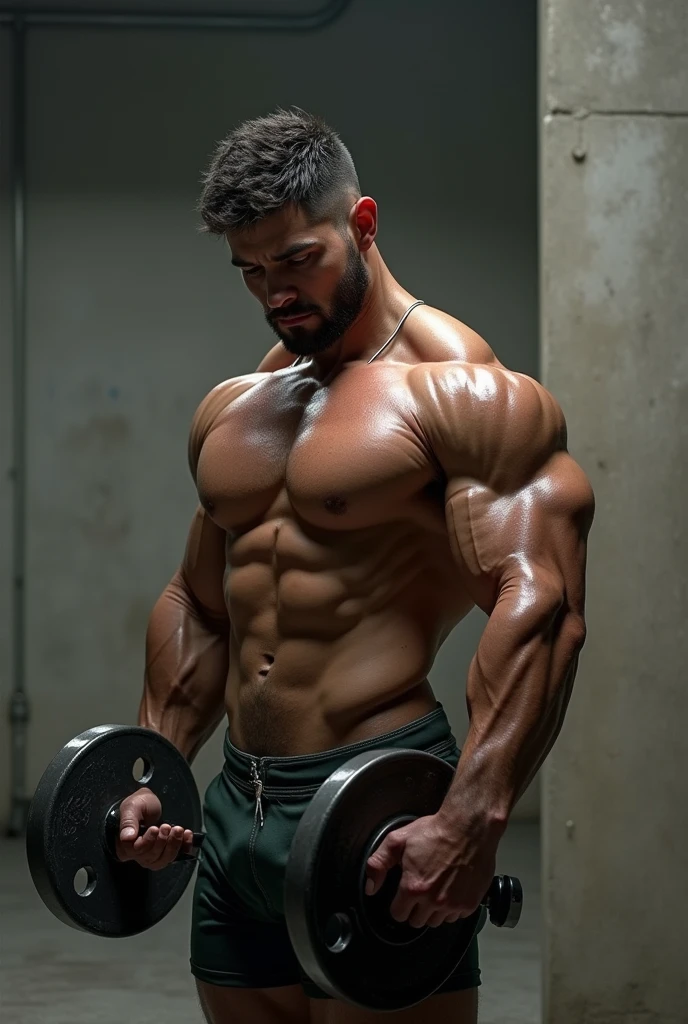 Man holding a weight with his left arm looking at it