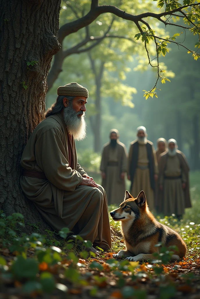 (photorealism:1.2), a square picture, a muslim old man , forest background, setting under a big three seeing a wolf and the wolf is setting, there other muslims