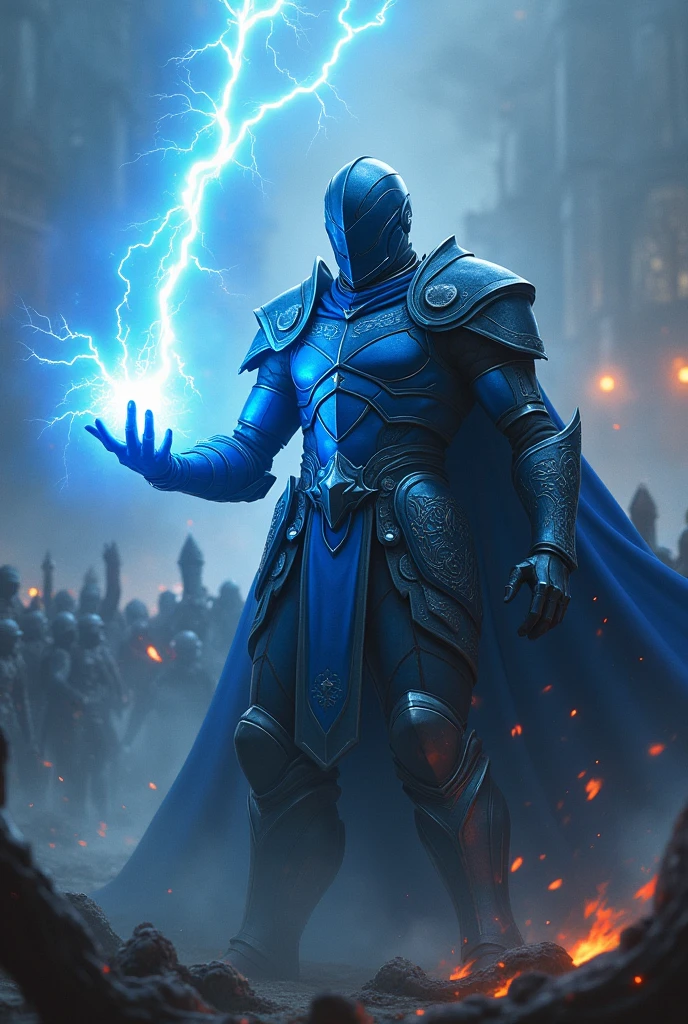 Warrior in blue armor and blue closed helmet with a lightning bolt in his hand, surrounded by enemies