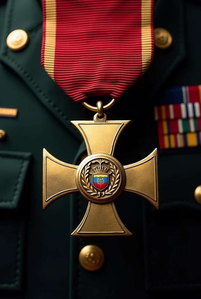 create a military medal, with the medal that is a golden cross, and the red ribbon, perfect, To the same image you can add a circle in the center of the cross and have it contain the Ecuadorian coat of arms