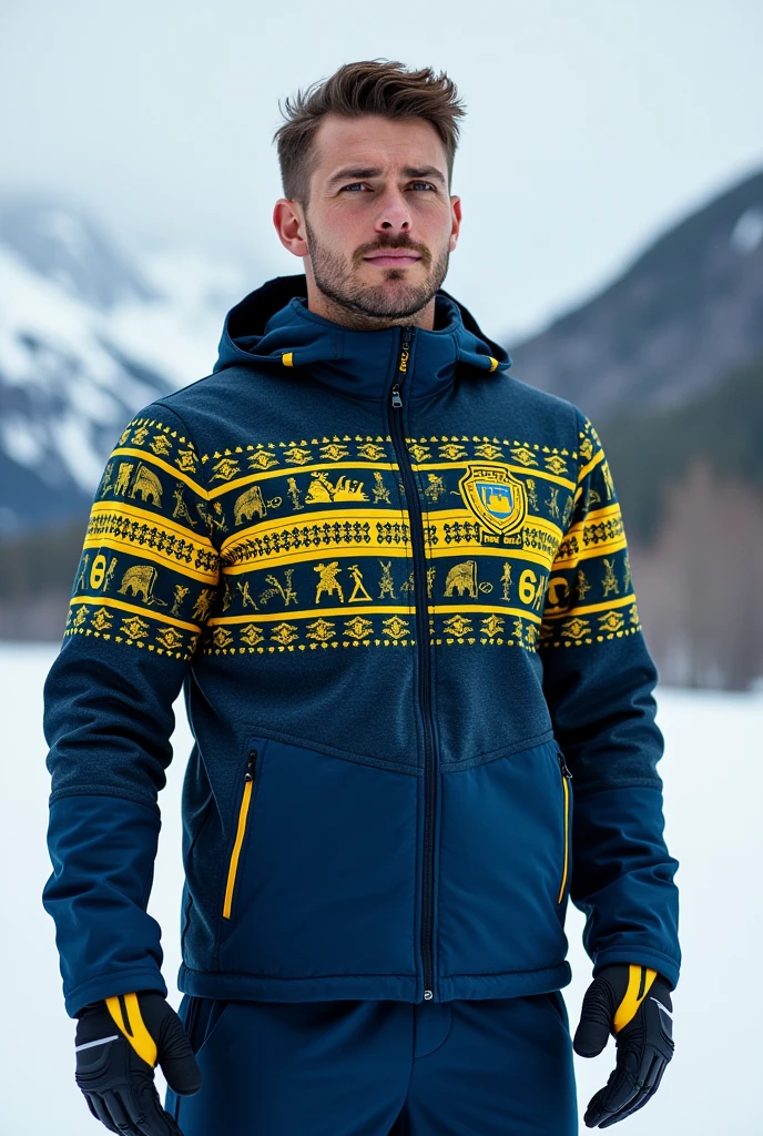 make a nordic themed sweden team jacket with blue and yellow details