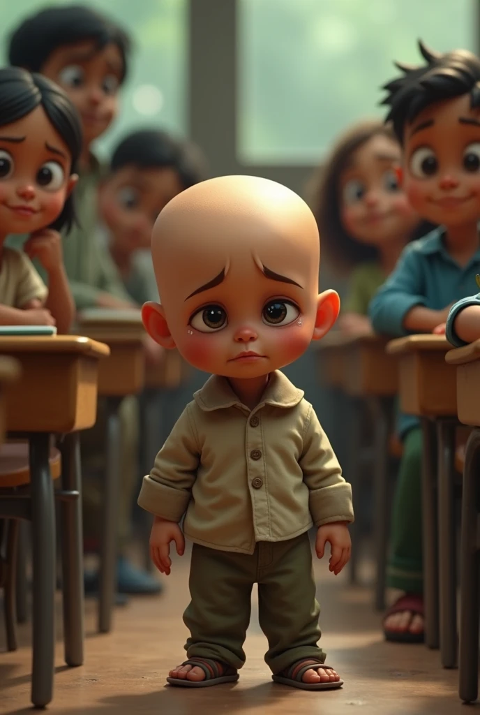 An Indian bald boy who is teased by all the children in school because he is bald, that's why the child is crying