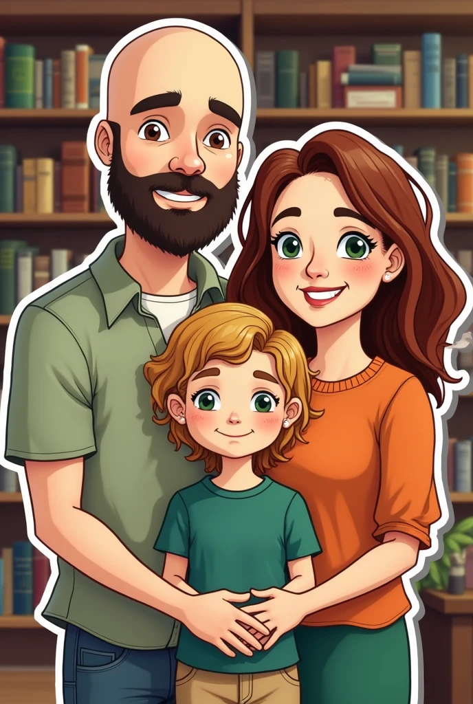 a tall father, offwhite, calvo, black beard, greeneyes ao lado de sua esposa, white, auburn brown hair, smooth with no bangs, partido no meio e greeneyes ao lado de sua filha adulta, white, greeneyes, curly and blonde hair. sticker style illustration, bookstore background
