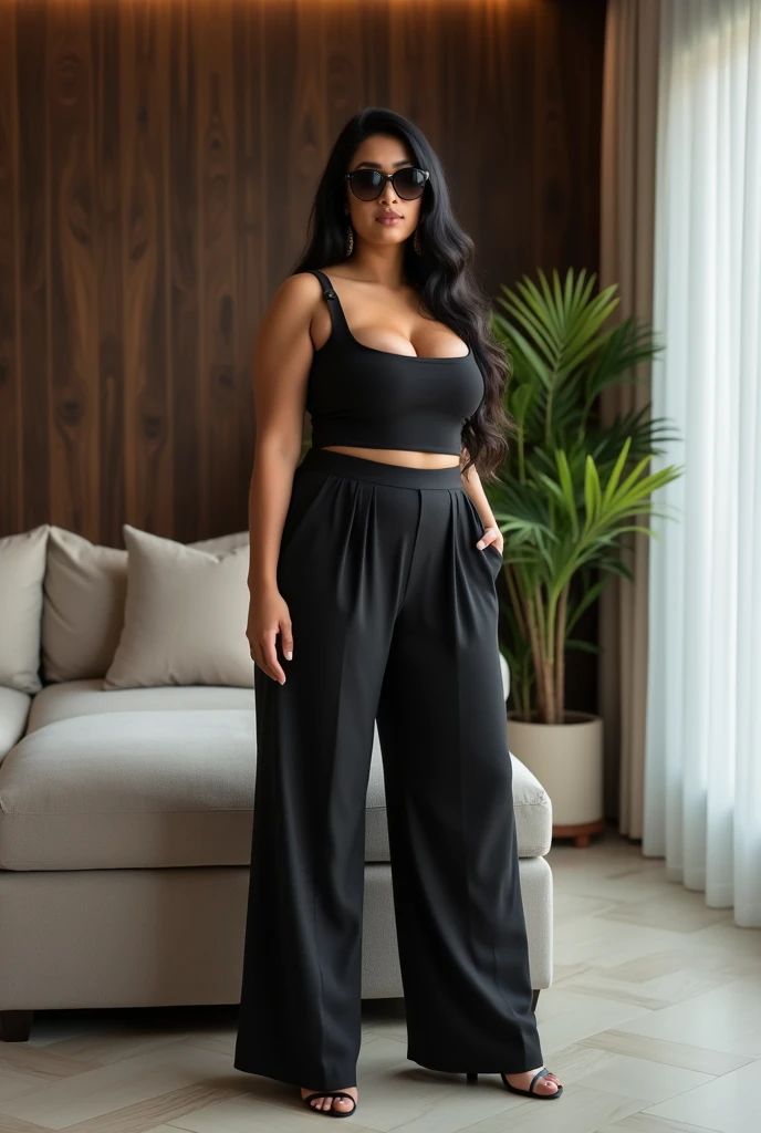 The best wallpaper, Award-Winning Wallpaper, portrait photography, In the back view is a portrait of a cute indian married 35 year old healthy curvy woman with long black hairs backless wearing seductive fashion square top and matching palazzo, front view photo, full body, Shot with Canon EOS R5, Set a strong contrast that accentuates the subject, Wearing a very modern deep neck top and sunglasses with block high heels, beautiful background inside living room taking selfie
