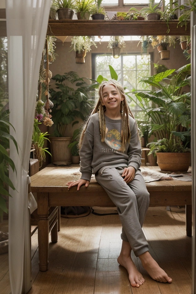 A captivating and vibrant photograph of a young boy with long, blonde dreadlocks. He is sitting in a mirrored room adorned with a variety of hanging plants and flowers, creating a kaleidoscopic effect from the reflections. The room is flooded with natural light, emphasizing the lush greenery and colorful blooms. The boy wears a dark gray sweatshirt and light gray pants, with his bare feet visible. His gentle smile adds warmth to the photo, creating a whimsical and enchanting atmosphere., photo