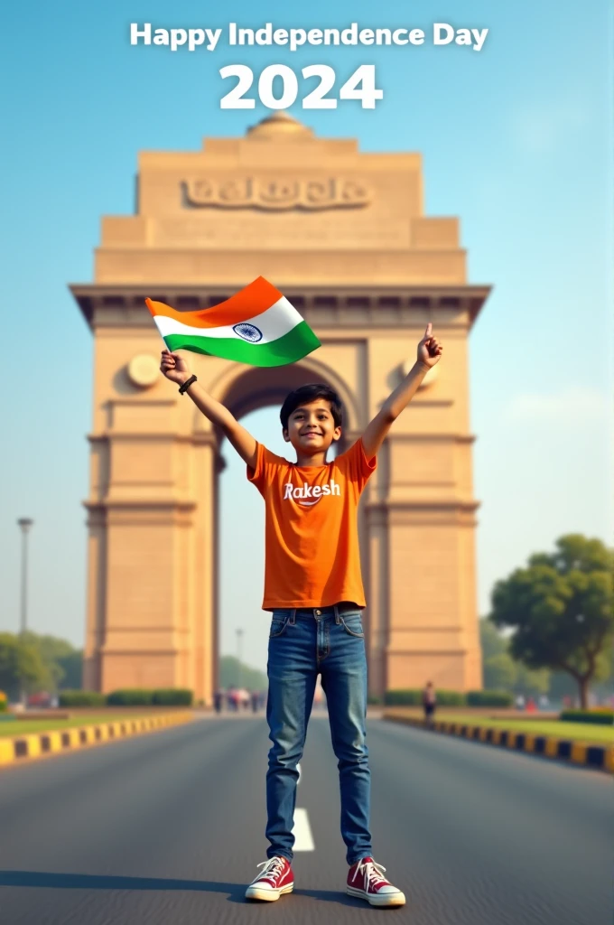 A real 20 years old boy, Wearing Orange T shirt blue jeans sneakers and the name "Rakesh" is written on his t-shirt and the boy is standing on the road with holding a national flag of India, and behind him is the India gate Delhi. And "Happy Independence Day 2024" written at above sky Create Realistic image high quality.