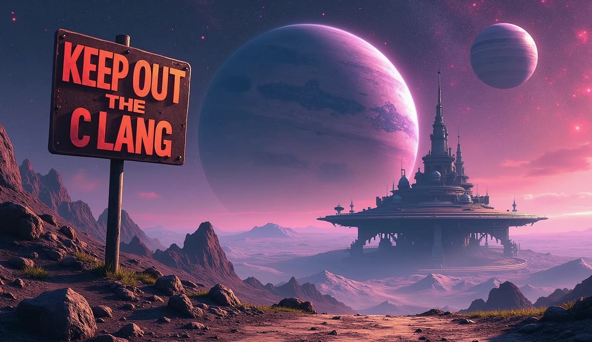 view of a planet in deep space, with stars of different colors, and 2 big planets with rings and moons in the back. the space has some bright colors, purple and pink. on the planet there is a large abandoned space station and a brown-orange sign outside it that writes with a red font "KEEP OUT THE C LANG", anime style