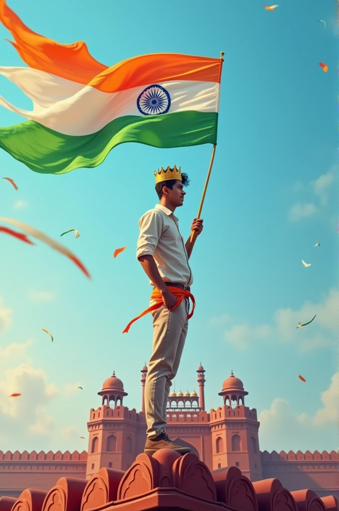 An 18-year-old boy stands proudly atop the Red Fort, wearing a gleaming golden crown. In his hand, he holds a vibrant tricolor kite, its vivid colors fluttering in the breeze against the backdrop of the majestic fort and the clear sky. His expression is a mix of joy and determination as he revels in this moment of celebration and freedom."


