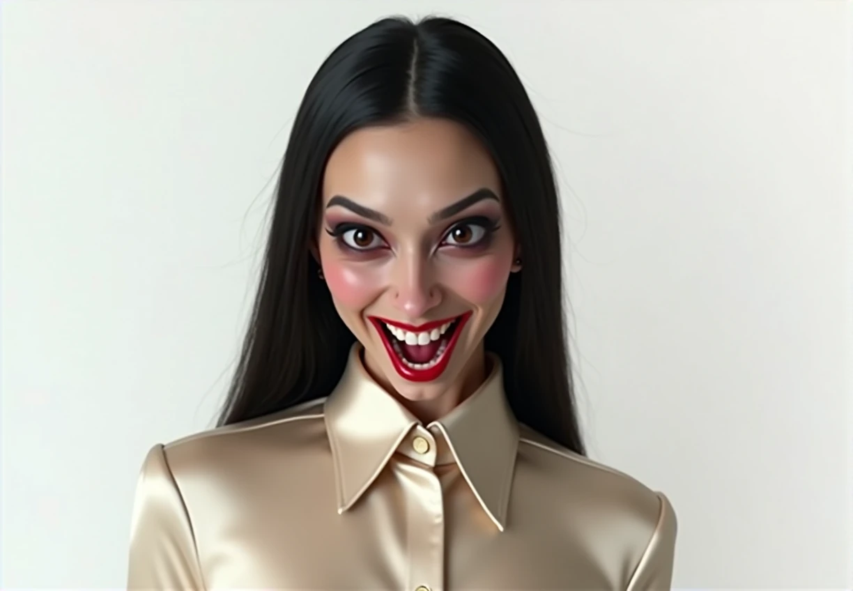 a detailed evil asian witch with a big long nose, big inflated forehead, long straight black hair, eyebrows raised seductively, perfect teeth, big teeth, wearing beige satin button blouse, evil laugh, cinematic lighting, hyper realistic, 8k hd resolution, highly detailed, photorealistic, masterpiece, evil eyes