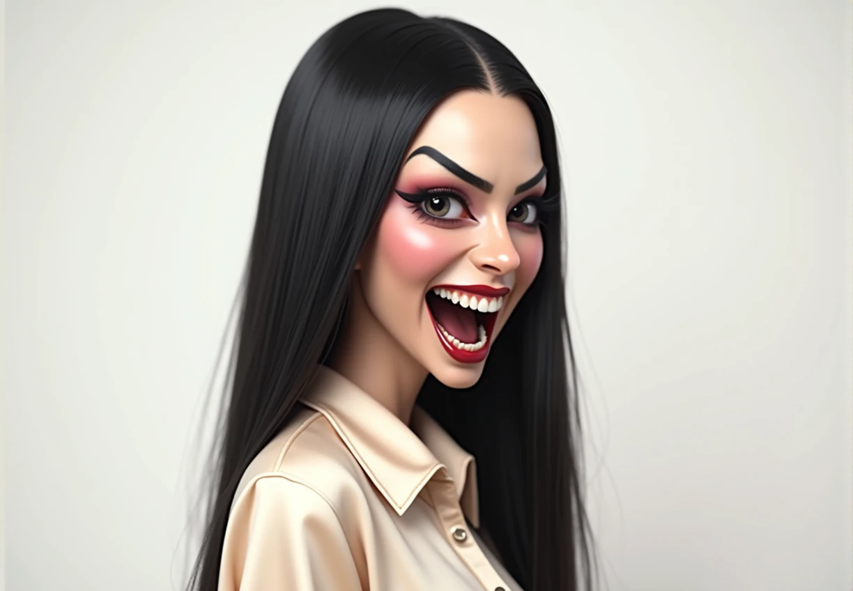 a detailed evil asian witch with a big long nose, big inflated forehead, long straight black hair, eyebrows raised seductively, perfect teeth, big teeth, wearing beige satin button blouse, evil laugh, cinematic lighting, hyper realistic, 8k hd resolution, highly detailed, photorealistic, masterpiece, evil eyes