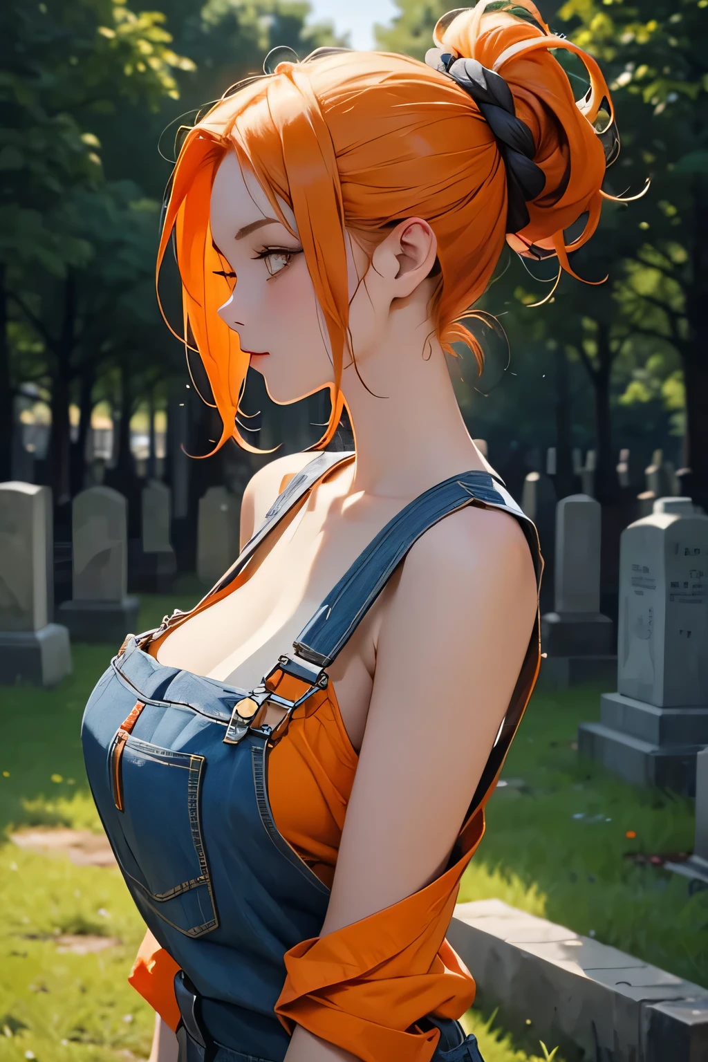 (Masterpiece, Best quality:1.2) 45 degree side view, sideways angle to the camera, "Zombie girl, hair tied up, wearing a torn tank top, yellow-orange, wearing overalls with straps unbuttoned, one hand covering her chest, sexy zombie, sexy anime style, charming, charming, big breasts", scary cemetery background with other ghosts around. In the style of a top portrait painter.