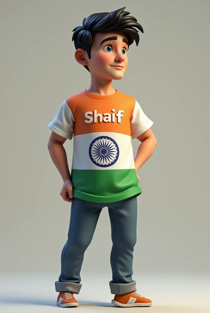 3d image Ek 18+ An old boy wearing a t-shirt with the Indian flag on it and the word 'Shaif' written on the back of his t-shirt. The boy's name is Shaif.
