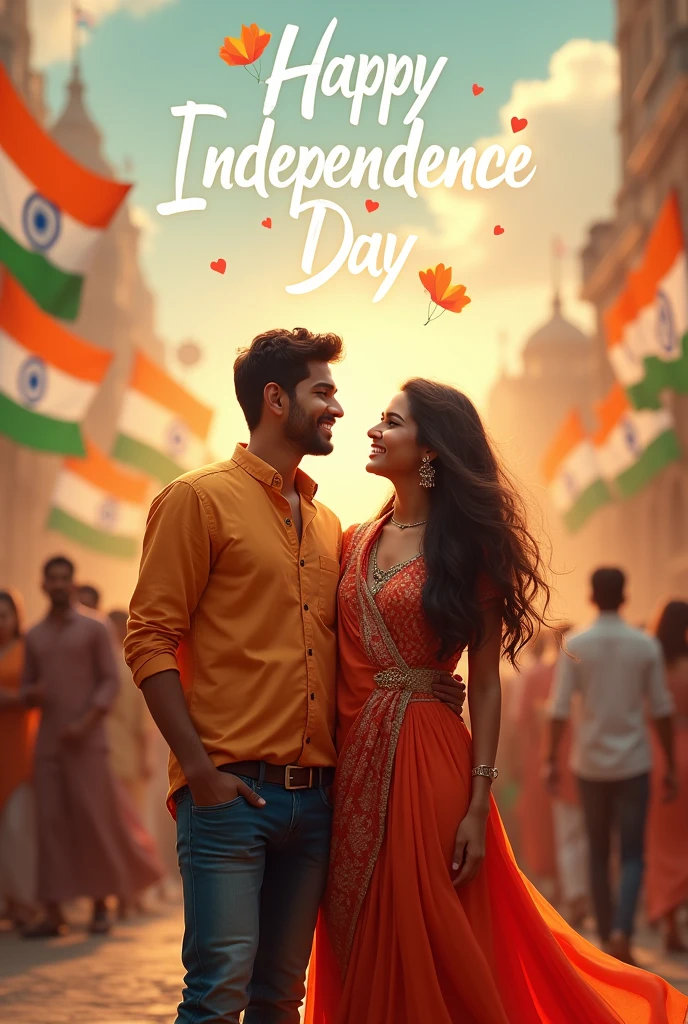 real young couple, nihar and lisa stand together, both 20 years old, joyfully celebrate Indian Independence Day. They are wearing indian outfits and nihar name is written on boy’s outfit and lisa written on girl’s outfit. Above them, in the sky, the words “Happy Independence Day” are displayed in a bold font. The backdrop is filled with people celebrating, enhancing the festive and patriotic spirit of the day.make sure text should be correct.