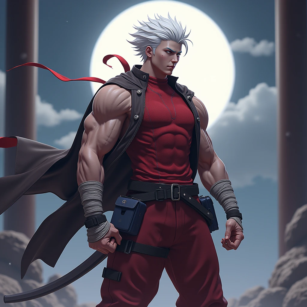 a dynamic illustration of Munashi Kurotani, a young yet physically imposing 15-year-old character standing at 203 cm with a muscular build. He has pure white hair and eyes. Munashi is dressed in a tight-fitting, deep red shirt made from special mesh fabric with a high collar and no sleeves, paired with matching red, slightly loose combat pants. He wears dark-colored ninja sandals. Over his shirt, he dons a rugged combat jacket. His right arm features a bandaged hands, while both legs have hip-pouches with additional bandages wrapped around them. Capture him in a reflective or intense training pose, emphasizing his immense physical strength. The overall mood should convey his formidable presence, masterpiece, best quality, high quality, extremely detailed 8k CG unit wallpaper, depth of field, HDR, photorealistic, extremely detailed, intricate, high detail, sun reflecting moon,