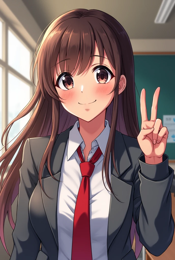 screenshot Boku no hero academia young latina woman. brown hair with         fringes and some light pink strands, large black eyes with black eyeliner under the eyes. He is smiling making peace sign, he wears red tie and gray jacket,     Boku no hero academia classroom background in the style of the studio bones