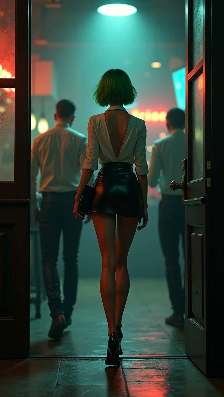 third person, from behind, a beautiful girl, 1girl, short green hair, slim figure, hot,sexy office outfit, micro skirt, high heels, photo-realistic, 4k, hyperrealistic, highly detailed, intricate details, dramatic lighting, cinematic, american comic book style, vibrant colors, dynamic pose, entering a shady bar, 3 male co-workers following, open blouse, micro skirt