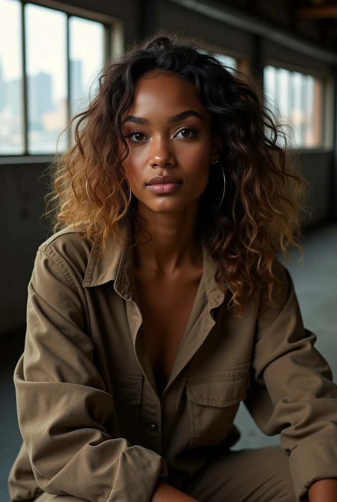 hyper realistic portrait of Yara shahidi, 22 years old, brown hair with blonde highlights and amber eyes. woman, she should have a natural, approachable expression and be lit by soft, dark light, canon eos r5, raw format, night, sitting in a detailed warehouse with a panoramic view of New York, rebel leader, wearing Acne Studios