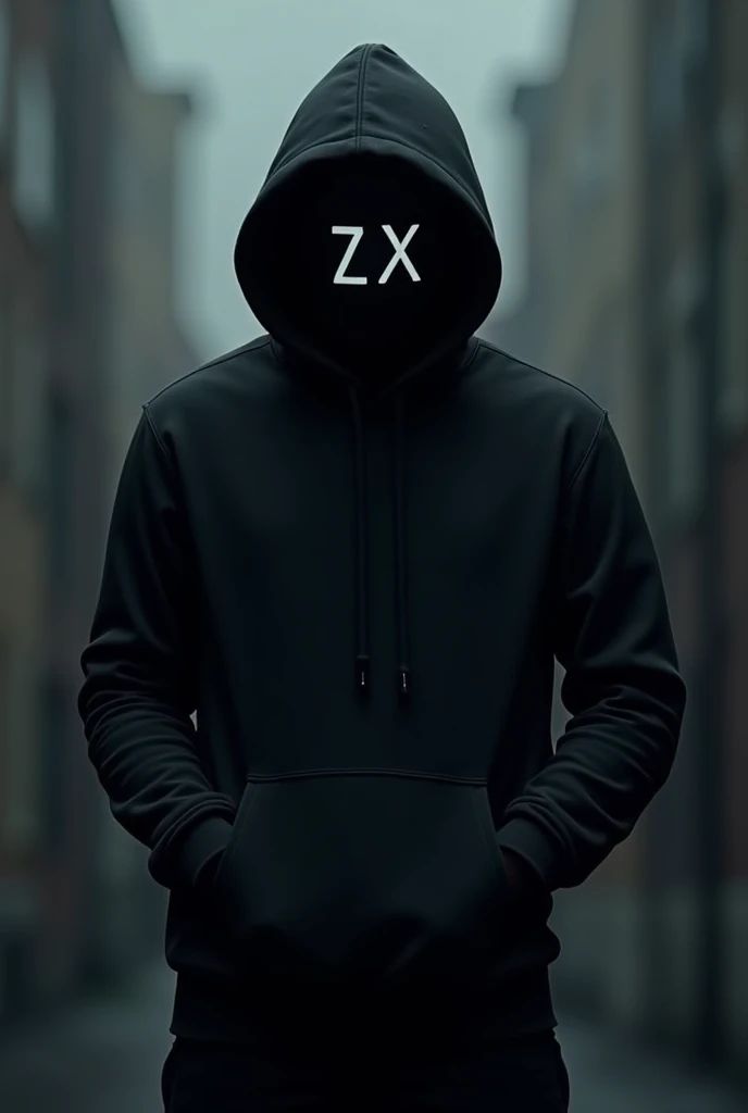 a guy in a black hoodie with a mask that says ZX and has a hood