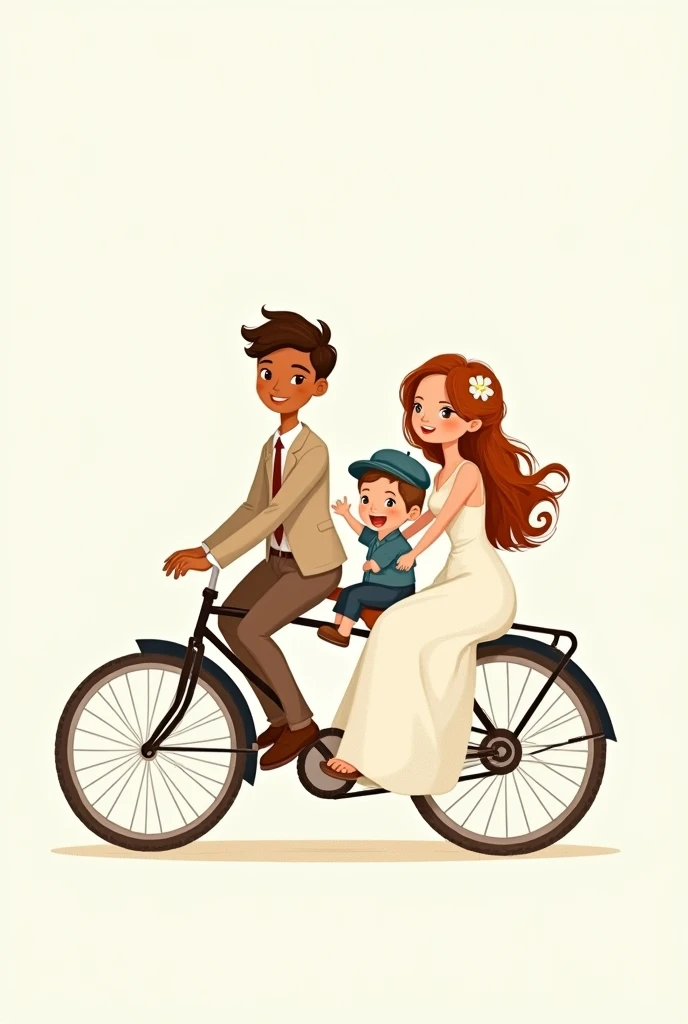 Imagine a drawing in cartoon style, with soft colors. The newlywed couple is on an old two-seater bicycle. The man is cinnamon skin, delgado, with beige suit, He wears a brown tie. The woman, with a white wedding dress and long hair. Among them, in front of the bike on a special seat, there is your little son, with a blue beret and a happy expression raising his arms. The white background.