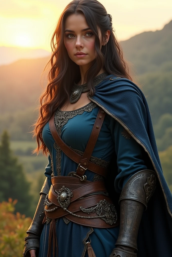 Woman with dark brown hair wearing medieval blue warrior clothing