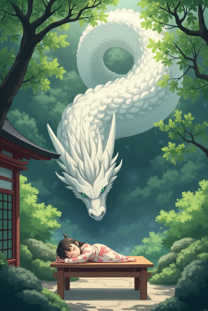 A serene Japanese Zen temple nestled amidst a forested backdrop,A cheerful girl in a kimono naps on a desk beside a large tree,There's a super handsome white dragon beside her, watching over her with gentle eyes.