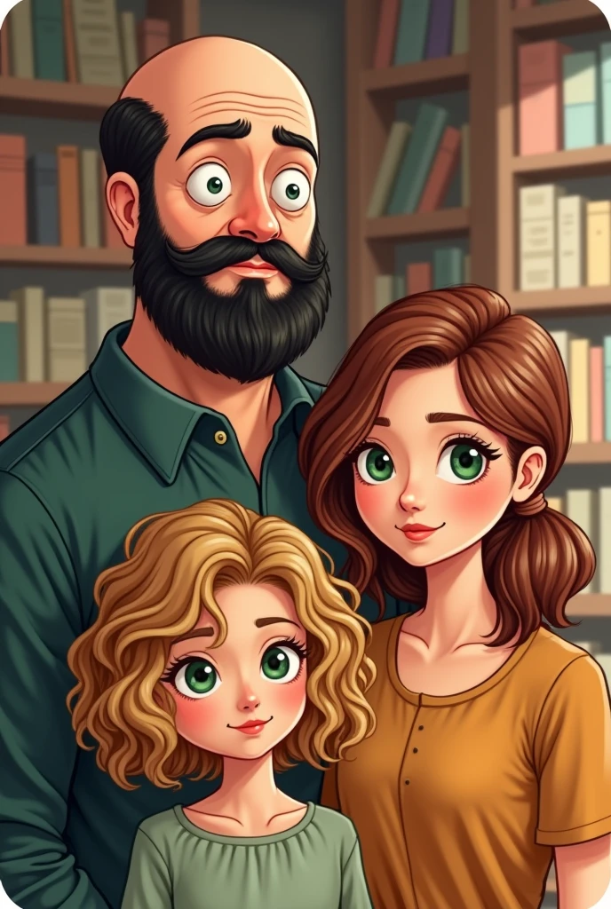 a tall father, offwhite, calvo, black beard, greeneyes ao lado de sua esposa, white, auburn brown hair, smooth with no bangs, partido no meio e greeneyes ao lado de sua filha mulher adulta, white, greeneyes, curly and blonde hair. sticker style illustration, bookstore background
