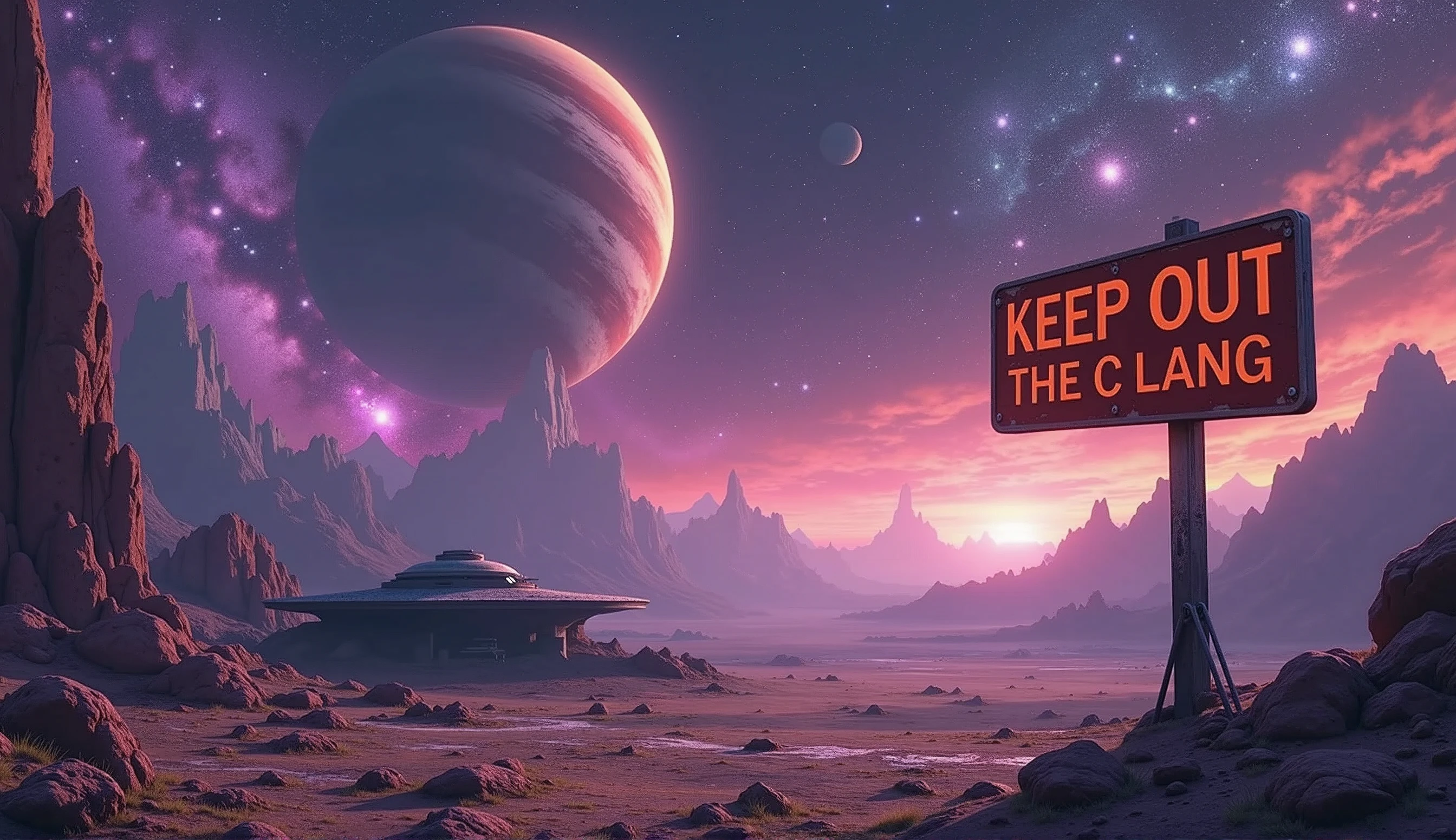 view of a planet in deep space, with stars of different colors, and 2 big planets with rings and moons in the back. the space has some bright colors, purple and pink. on the planet there is an abandoned space station and a brown-orange sign that writes with a red font "KEEP OUT THE C LANG", anime style
