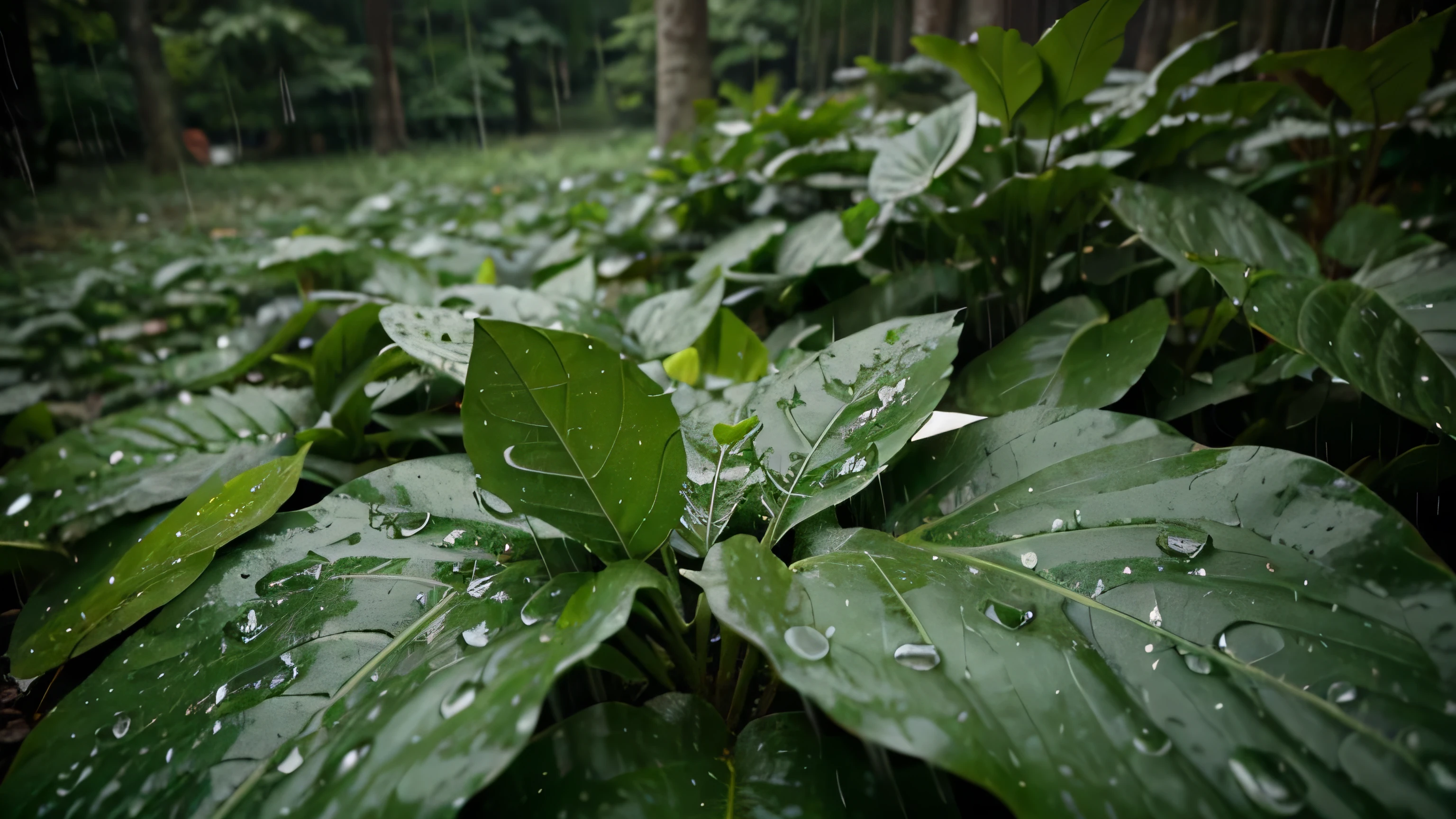 rain in the forest, raindrops falling on green leaves, wide viewing angle