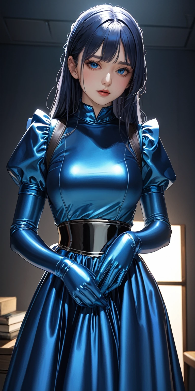Portraiture、(masterpiece,Highest quality,Ultra-high resolution),Japanese women, (((A very beautiful 25 year old)))、(She is wearing a long-sleeved maid outfit made of shiny metallic blue satin..)、The dress has a simple design without any patterns.....、(((Long skirt made of metallic blue satin.)))、Metallic blue satin gloves、((Metallic blue satin bodysuit))、Dark Room
